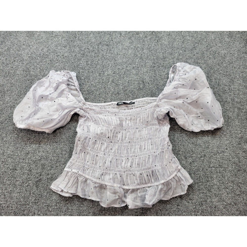 Zara Smocked Polka Dot Puff Sleeve Crop Top Lavender White Small 3067/111/619